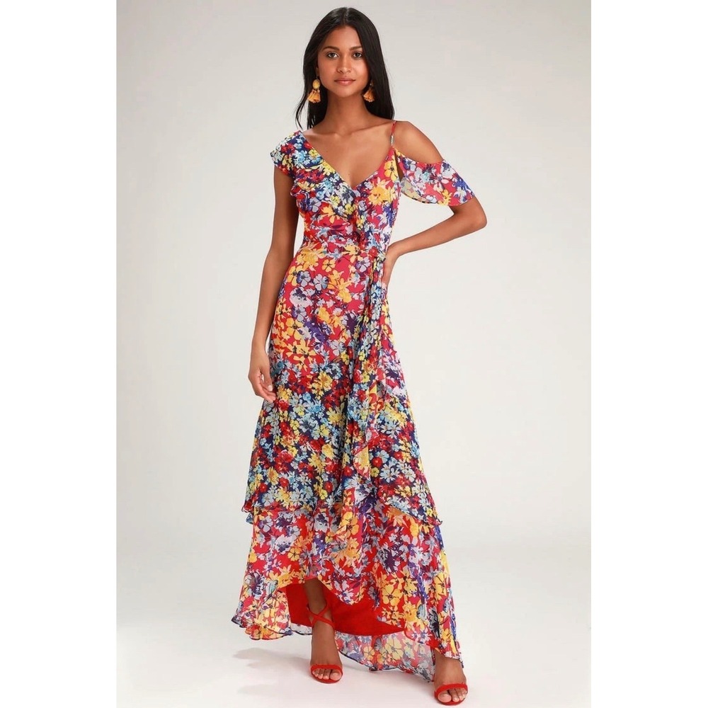 Lulus Maxi Dress Floral High-LowRuby Red Ruffle Cold Shoulder Medum